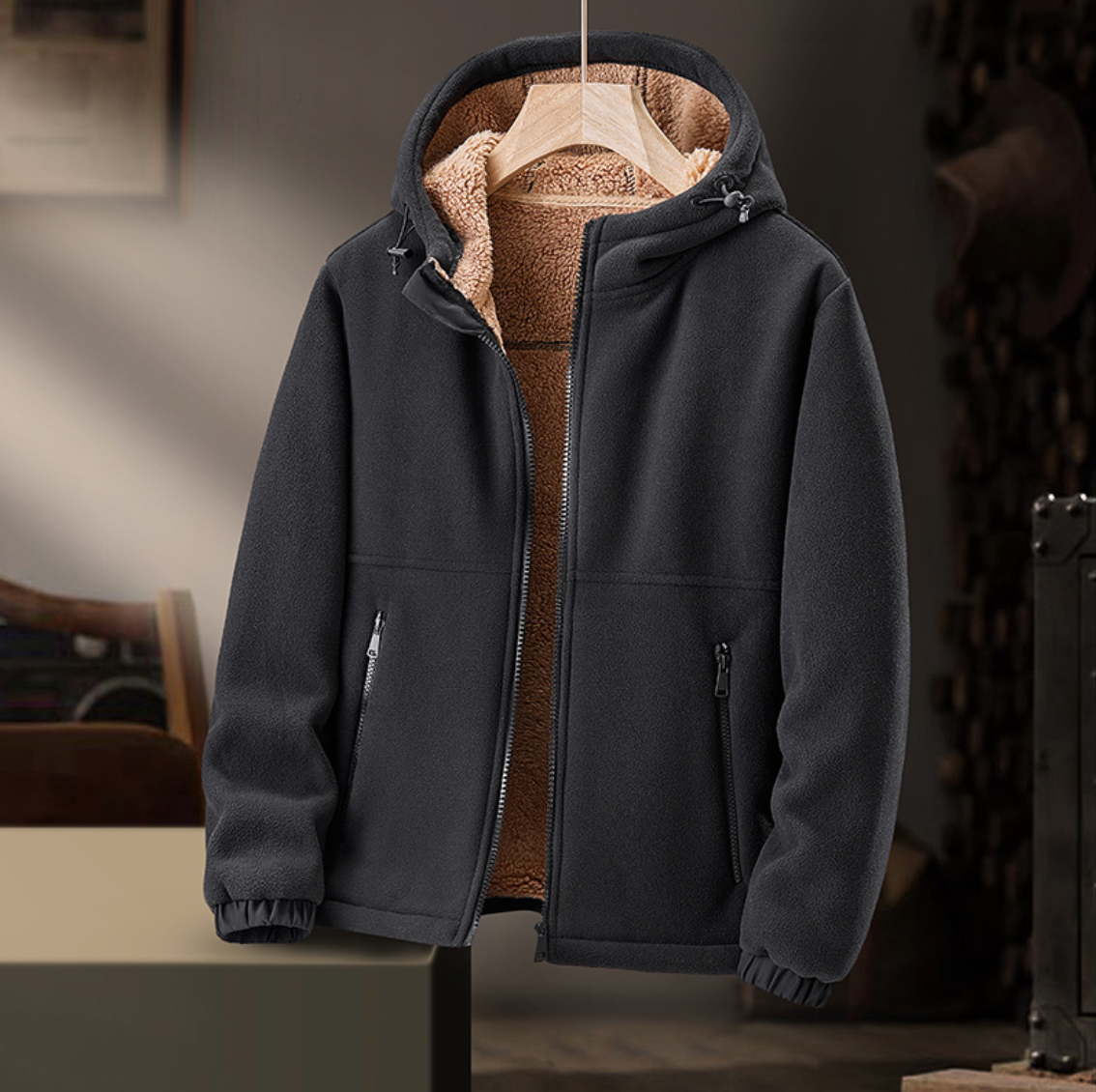 HOODED WARM LAMBSKIN JACKET