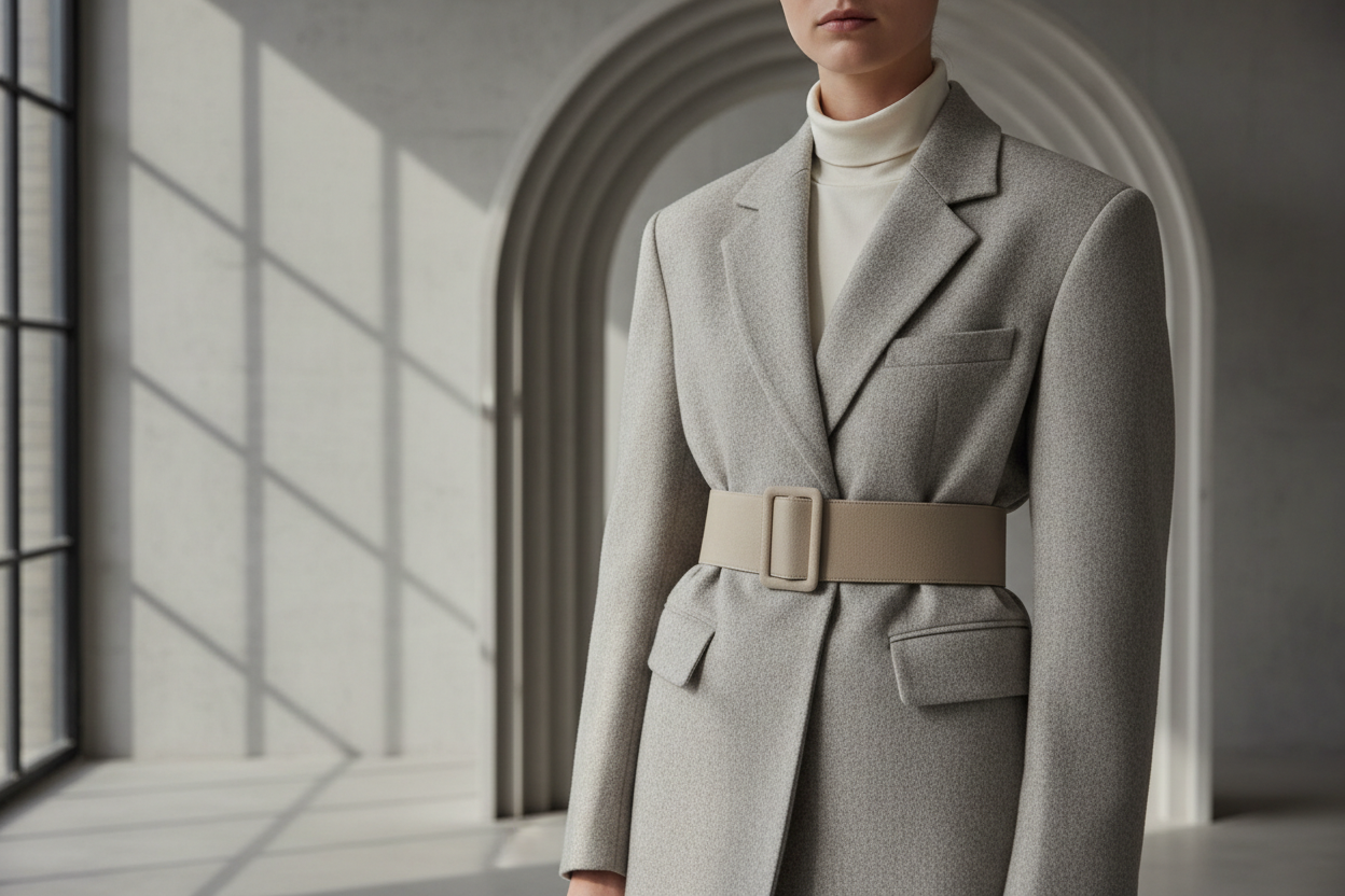 Editorial fashion photography for a modern UK clothing brand, neutral and muted colour palette, soft natural window light, clean studio or minimal urban interior, model wearing contemporary tailored fashion, cropped composition without visible face, calm and confident mood, premium high-street brand aesthetic, realistic textures, no text, no logos, no sale graphics
